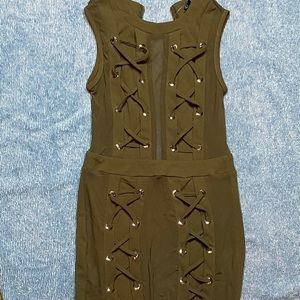 Olive green midi mesh lace up dress